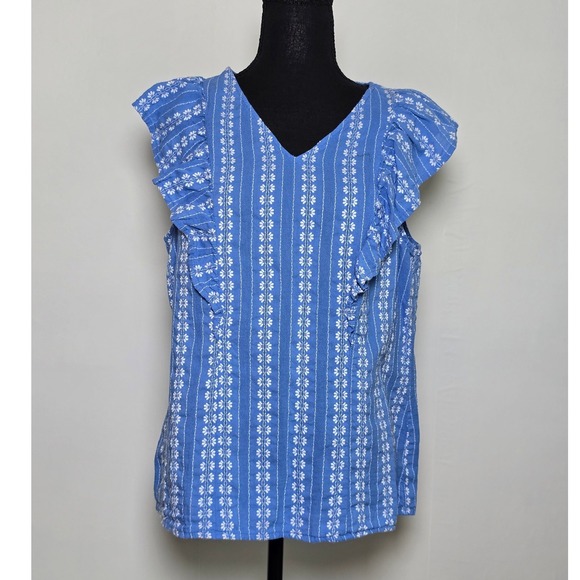 croft & barrow Tops - Croft & Barrow Women's Sleeveless Ruffle Blouse XL Blue Floral Striped Summer